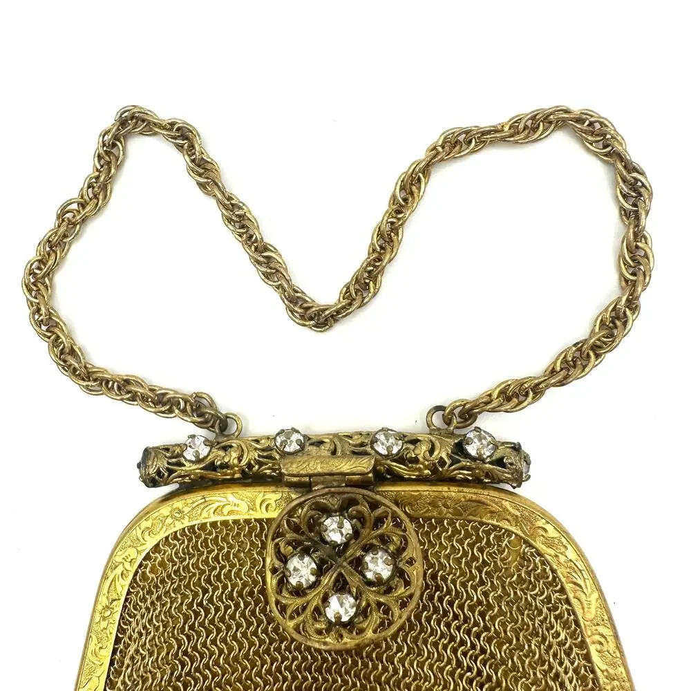 Made in US Zone Germany vintage gold tone mesh purse rhinestones wristlet bag